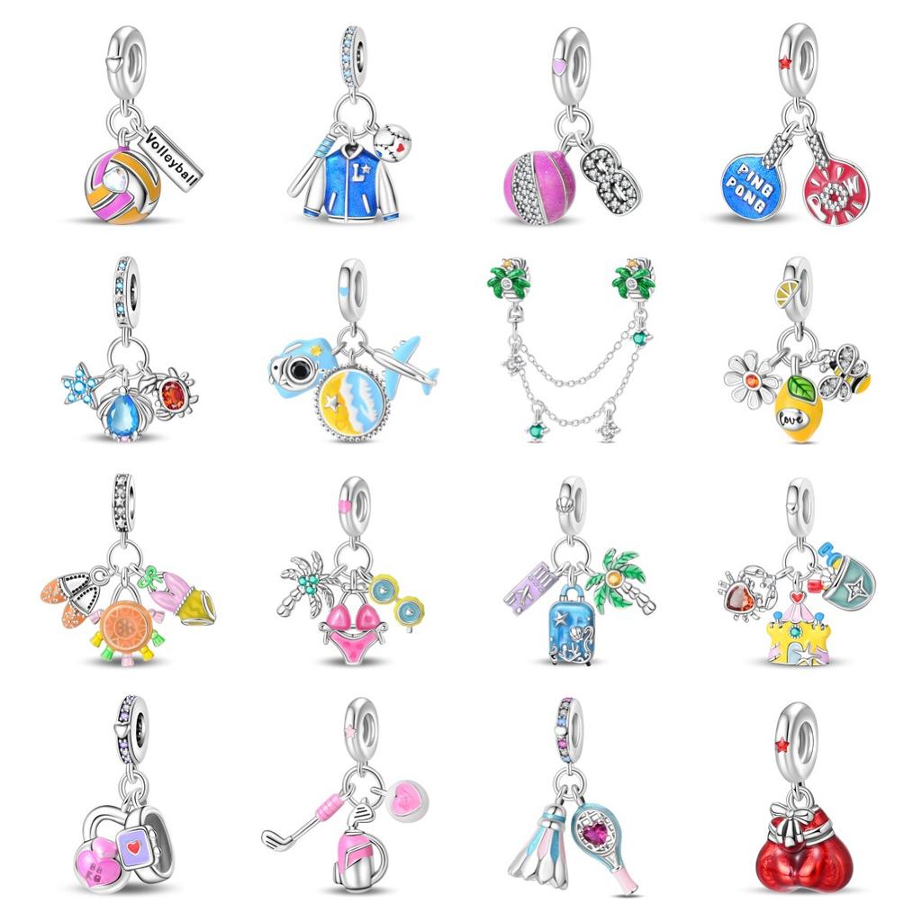 S925 Silver Summer Vacation Sun Beach Castle Sports Bead Pendant DIY Handmade Jewelry Bracelet Making Accessories