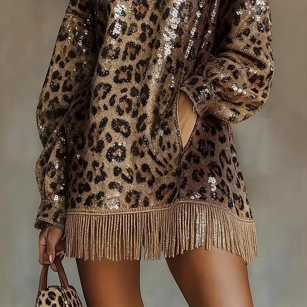 2025 Autumn/Winter Leopard Print High Neck Brown Sequin Fringe Dress