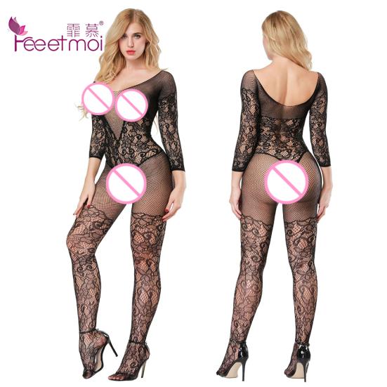 Lace Lingerie Sexy Hot Erotic Embroidery Body Babydoll Sleepwear Stockings Sexy Hollow Long Sleeve Nightwear