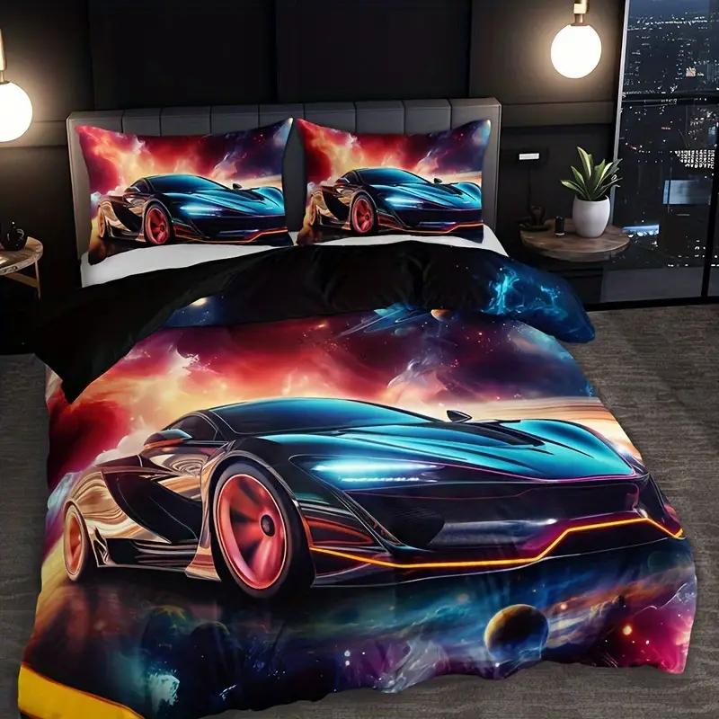 Racing Car Duvet Cover Set - 3D Cartoon Vehicle Print All-Season Bedding Set- 100% Polyester Breathable Fabric, Machine Washable