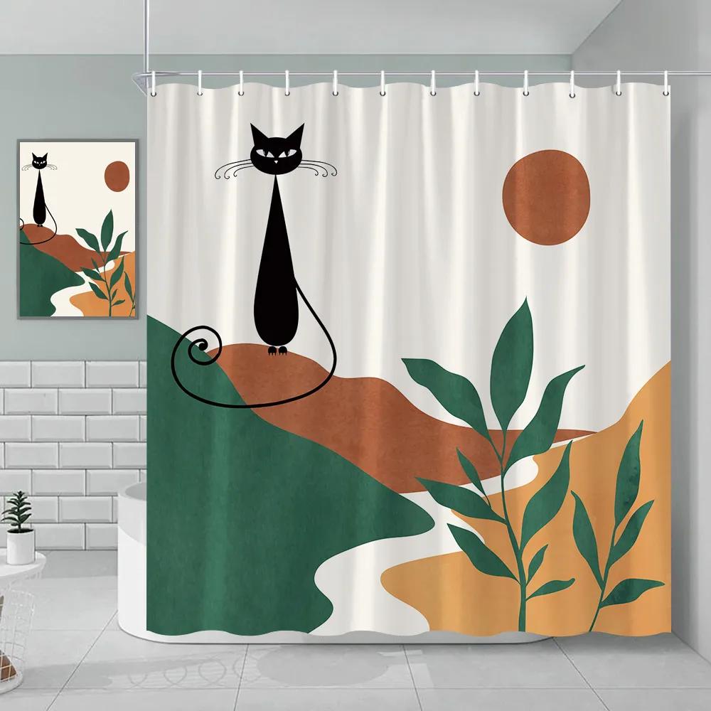 Bohemian Shower Curtain Cat Romantic Mid Century Modern Minimalist Abstract Lines Geometric Tropical Plants Bathroom Decoration