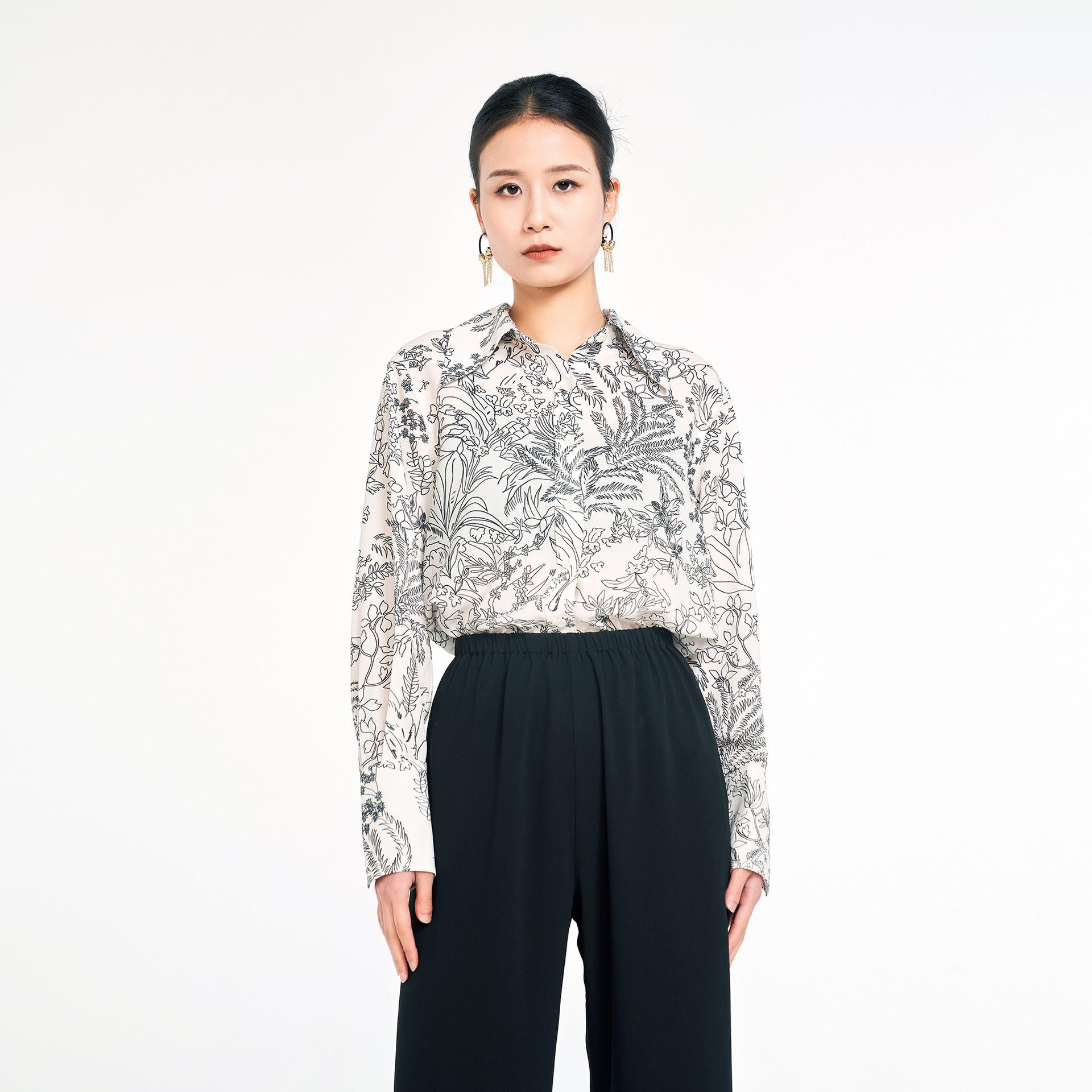 

Женская черно-белая рубашка с длинным рукавом из ацетата для работы - Универсальная, легкая, весенне-летний стиль Small