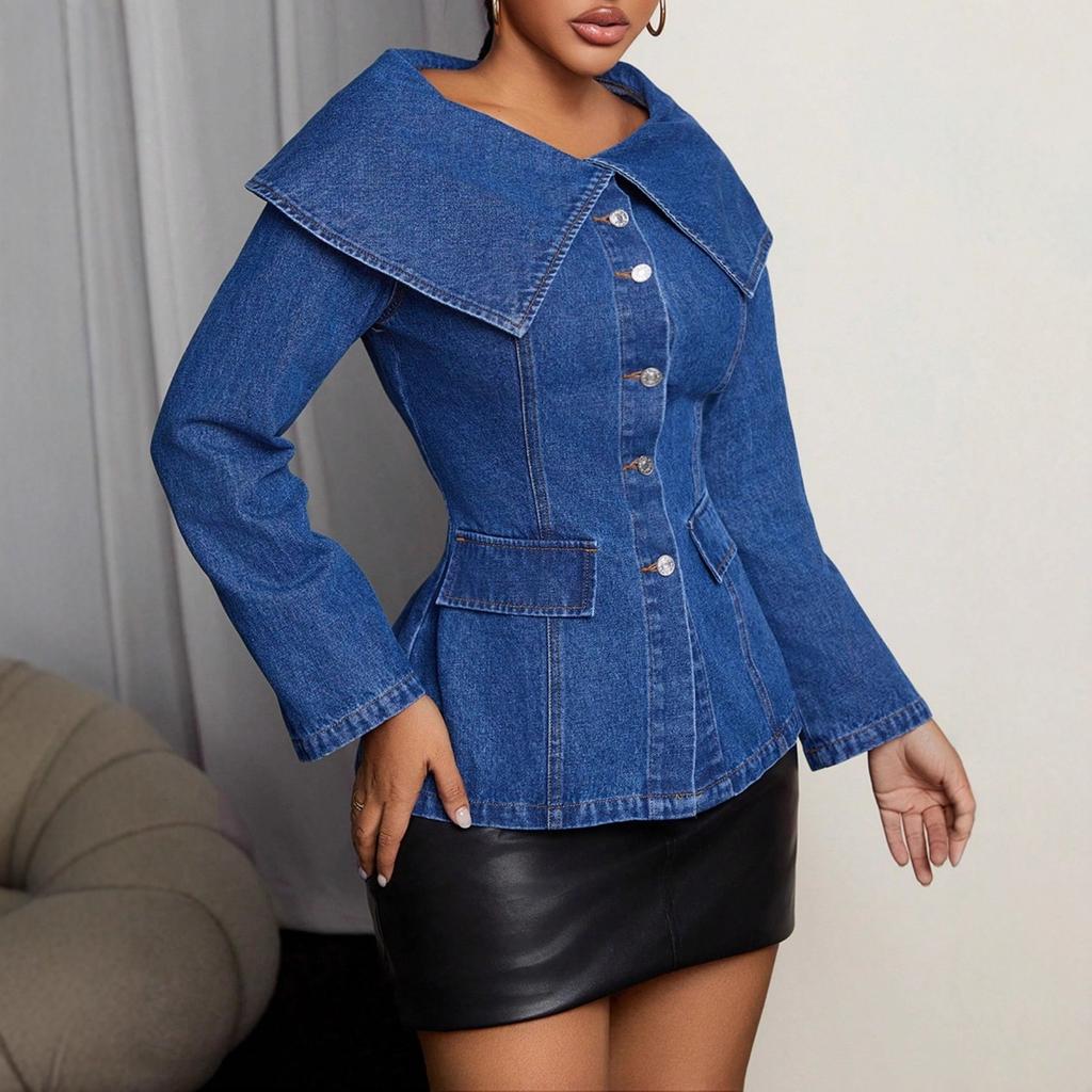 Women's Round Neck Long Sleeve Denim Jacket Regular Elegant Commuter Top Big Lapel Button Peplum Blouse