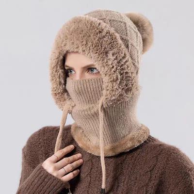 Women Winter Balaclava Hat Mask Neck Integrated Ear Protection Knitted Wool Hooded Cap Fleece Lined Windproof Wool Knit Ski Cap