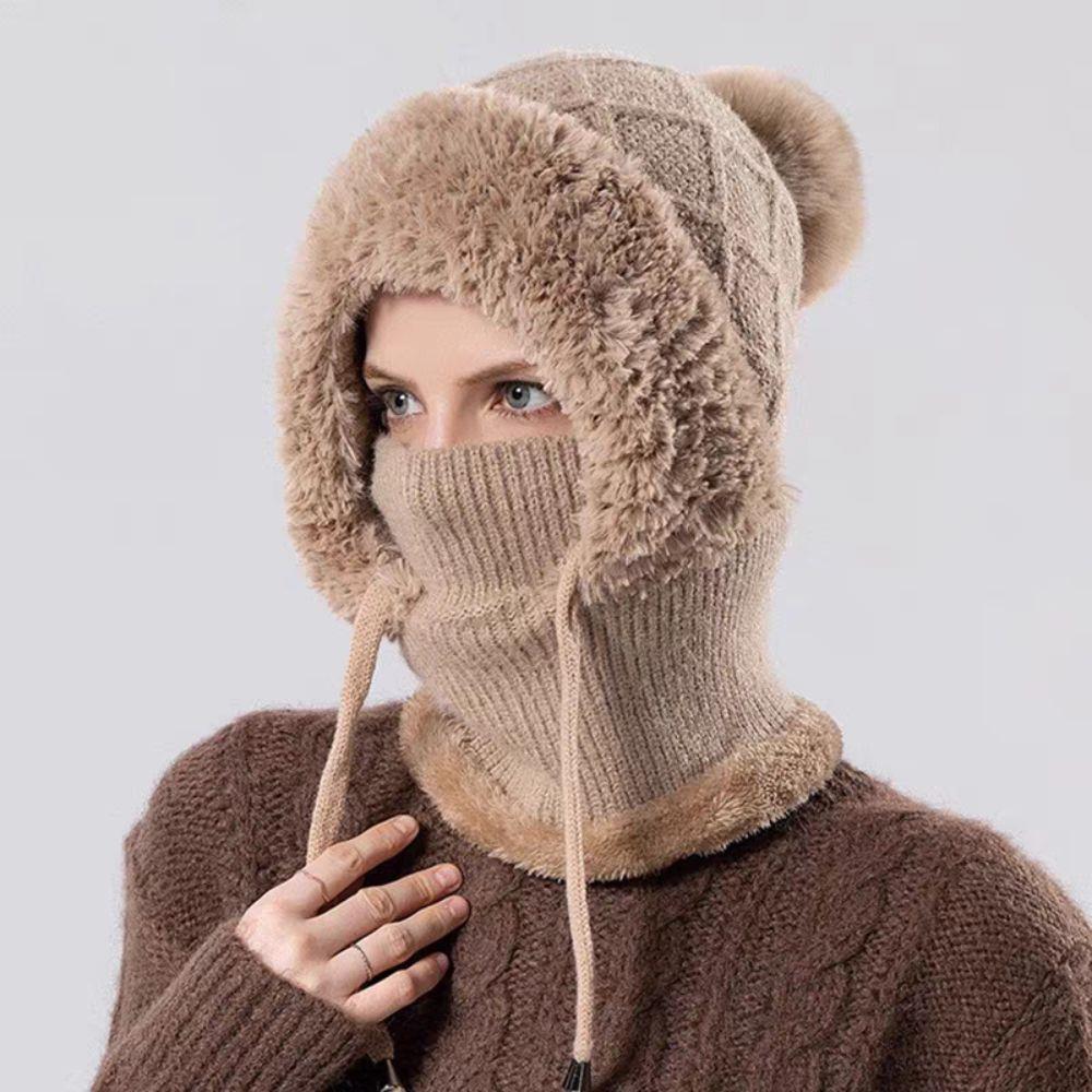 Women Winter Balaclava Hat Mask Neck Integrated Ear Protection Knitted Wool Hooded Cap Fleece Lined Windproof Wool Knit Ski Cap