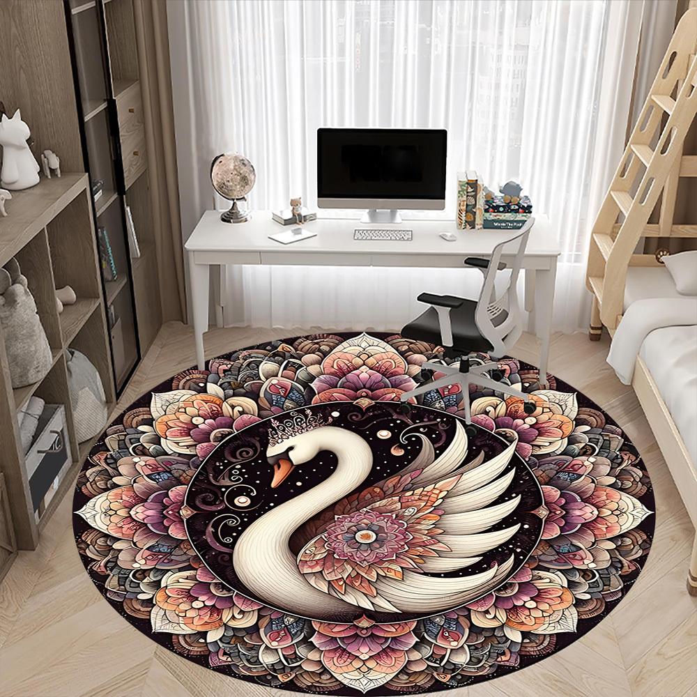 1PC Swan Mandala Art Office Round Rug, Non slip, Soft and Durable Office Rug for Interior Decoration, Perfect for Office