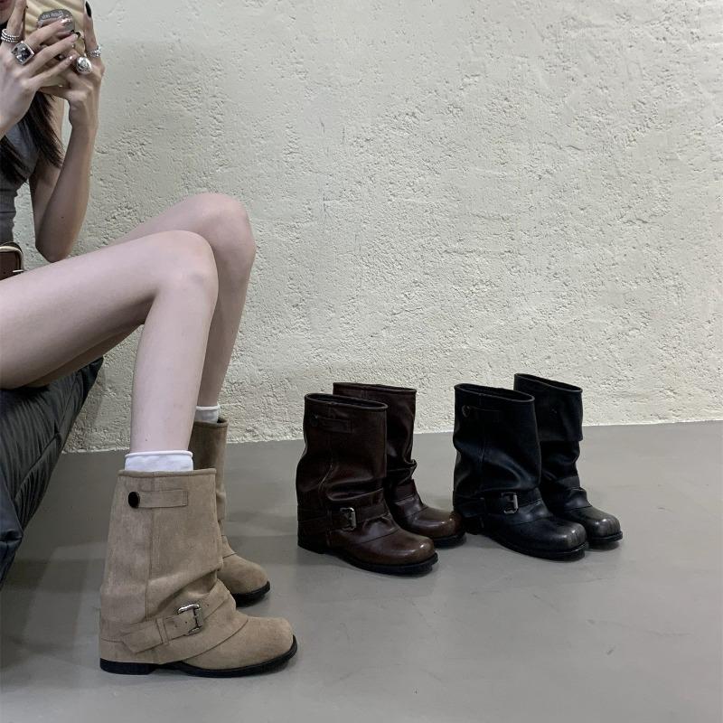 

Fashion New Style Luxury Women s Boots Slip on Female Mid-calf Boots Retro Biker Boots Fashion Block Heels Women Shoes Zapatos De Mujer 35 хаки