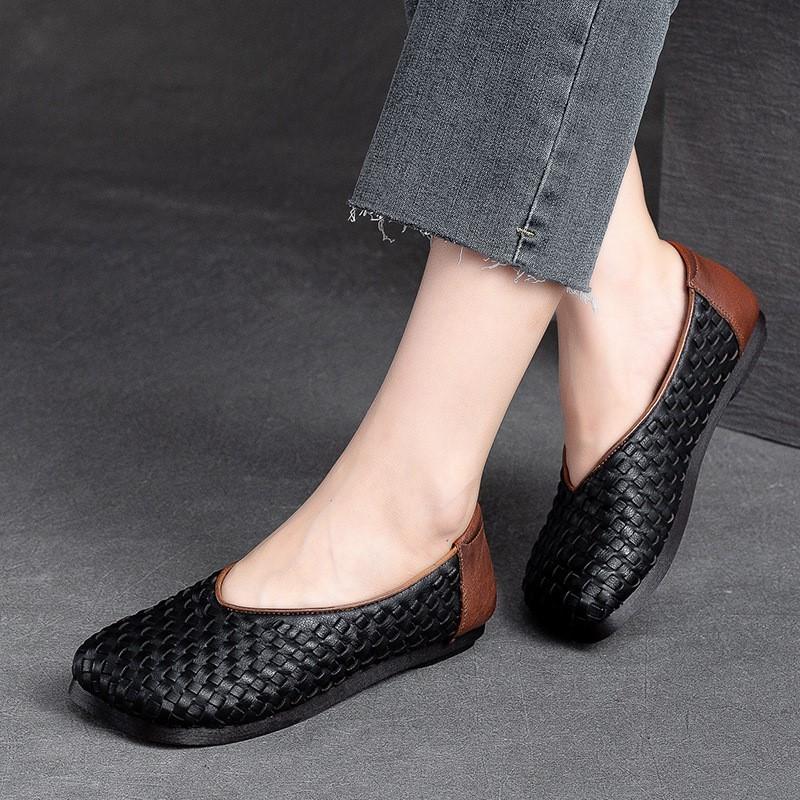 Johnature Vintage Versatile Genuine Leather Woven Flat Shoes Handmade Square Toe Shallow Soft Sole Slip-on Shoes