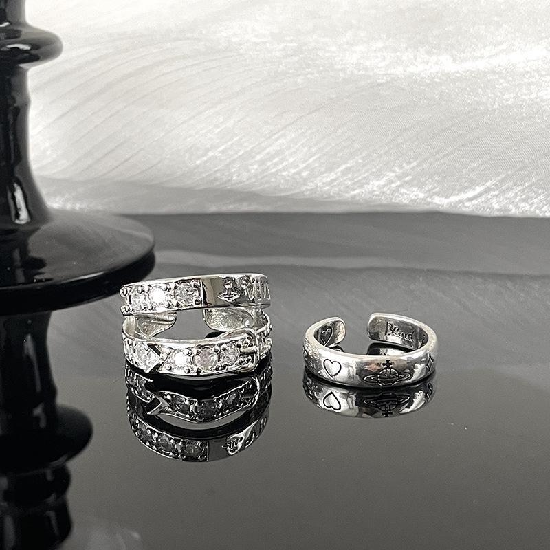 Anillo Hebilla de Cinturón Doble Capa Saturno Lleno de Diamantes Circonita Personalidad Retro Gama Alta Anillo Abierto para Mujer Lujo Ligero Diseño de Nicho