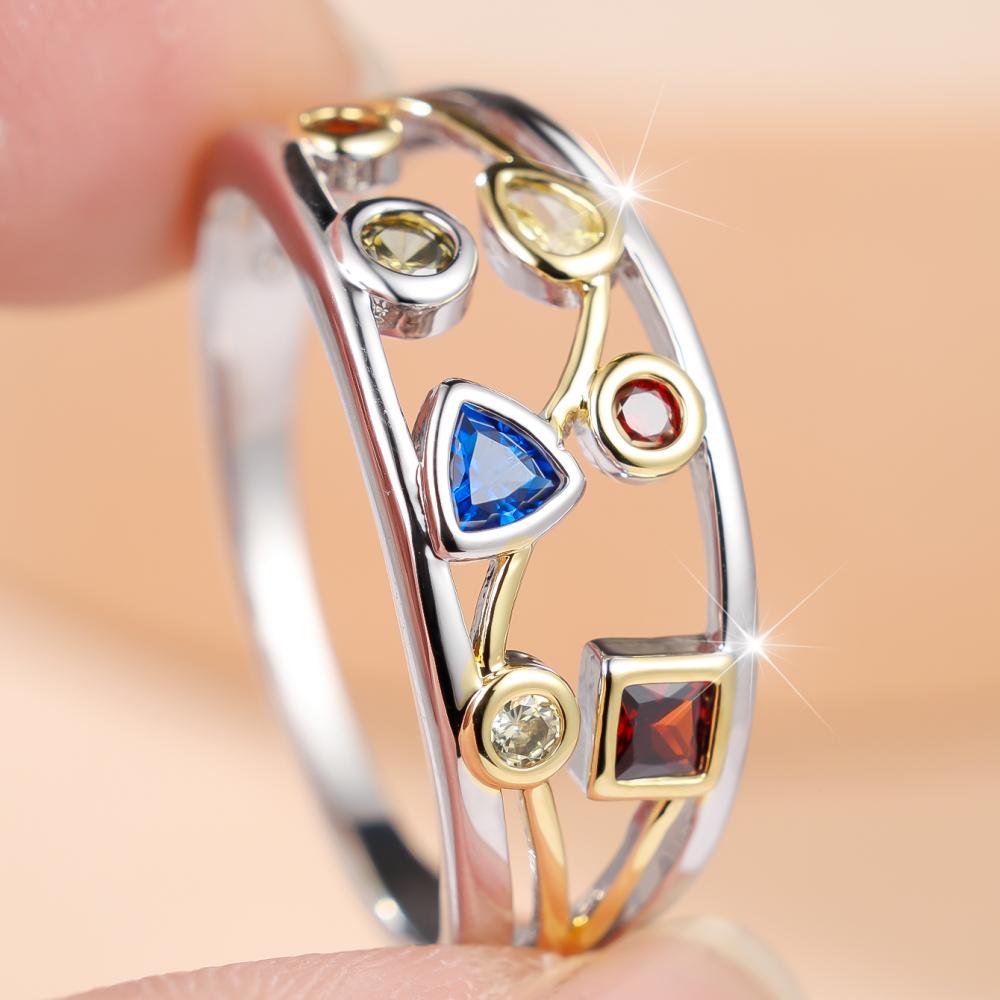 Two-Tone Geometric Multi-Color Stone Ring Silver & Gold Open Band Triangle Square CZ Fashion Jewelry Gift for Women