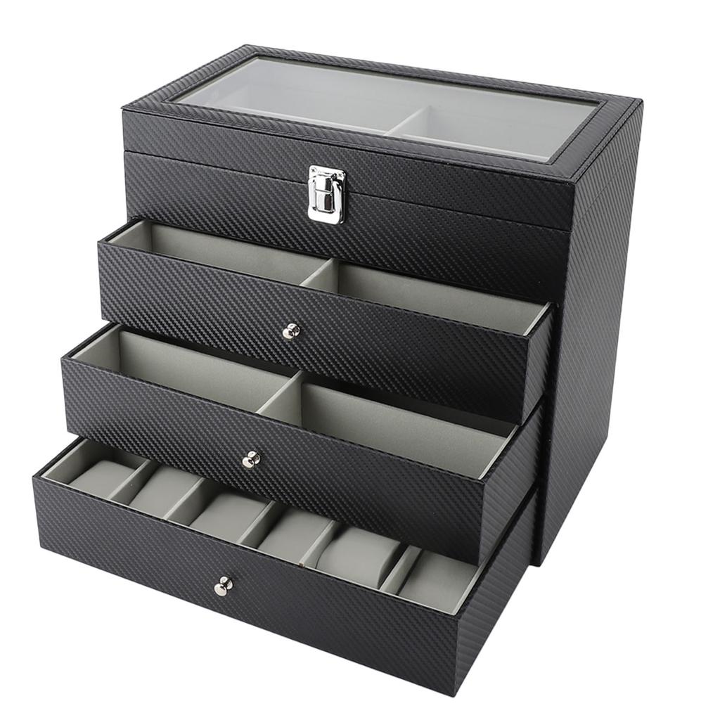 Glasses Display Case Carbon Fibre Grey Liner 4 Tiers 27 Slots Sunglass Glasses Storage Holder Box for Home