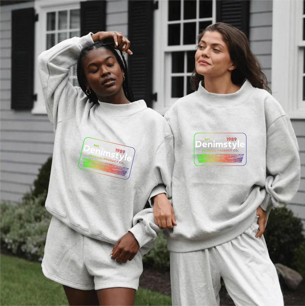 European-Size Heavy-Duty Autumn Women's Sweatshirt, Casual Loose Fit, No Hood, Mid-High Collar, Long-Sleeved.