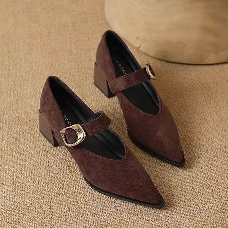 Pumps for Women Chunky Heel Pointed Toe Belt Buckle Mid Heeled Spring Autumn New Women's Office Commute Mary Jane Single Shoes
