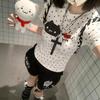 Design Sense Polka Dot Cartoon Cat Print Front Shoulder Short Sleeve T-Shirt Women's Summer New Slim Skinny Good-looking Top