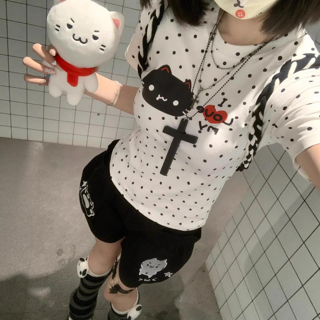 Design Sense Polka Dot Cartoon Cat Print Front Shoulder Short Sleeve T-Shirt Women's Summer New Slim Skinny Good-looking Top