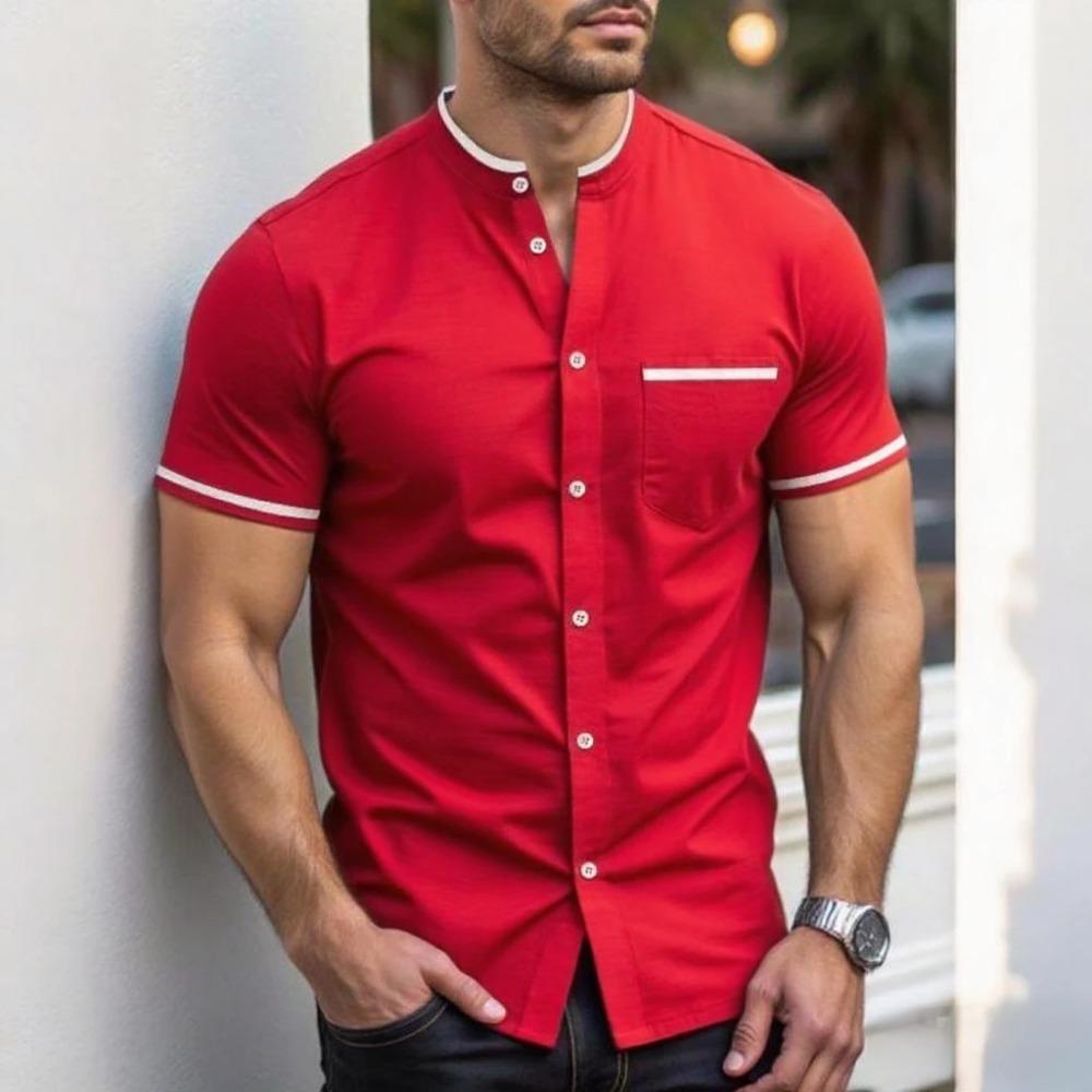 New Men Summer Short Sleeve Fashion Stand Collar Shirt Men Pure Color Casual Shirt