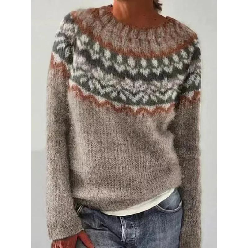 Women's European And American Style Spring And Autumn New Sweater Pattern Crew Neck Loose Casual Pullover Long Sleeve Top