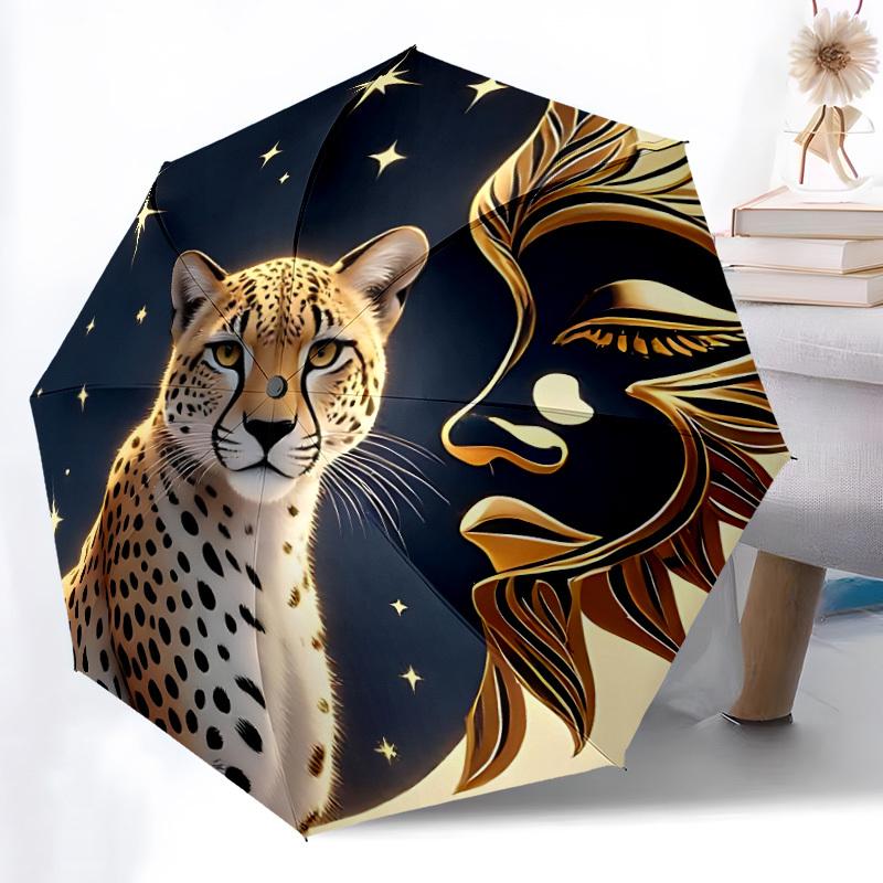 1pc Cheetah Print Folding Umbrella, Durable, Suitable for Outdoor Activities or Rain, Suitable for Commuting yy251027112
