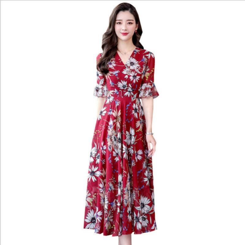 

Women s Summer New Chiffon Floral Printed Dress V-Neck Five-Point Flared Sleeve Over The Knee Elegant Casual Mid-Length Swing Dress for Ladies 2XL червоний