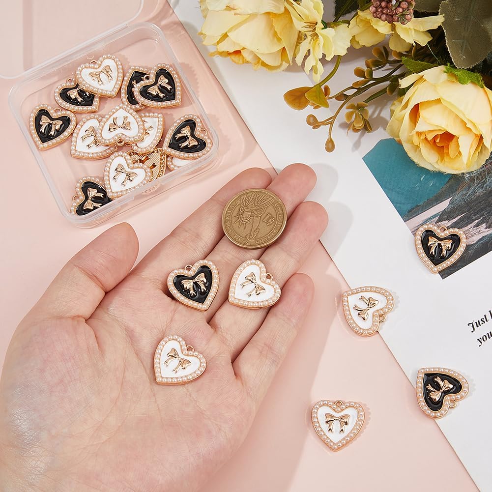 

SUPERFINDINGS 20Pcs 2Colors Light Gold Heart with Bowknot Charm Tone Alloy Enamel Bow Pendants Rhinestone Bowtie Charms with Plastic Imitation Pearls