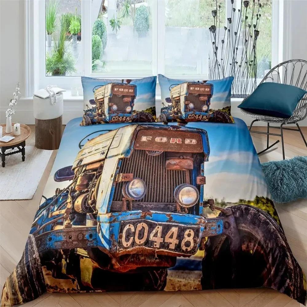 Retro Tractor King Queen Duvet Cover Car Bedding Set Engineering Vehicle Quilt Cover Farm Tool Cart 2-3Pcs Polyester Quilt Cover
