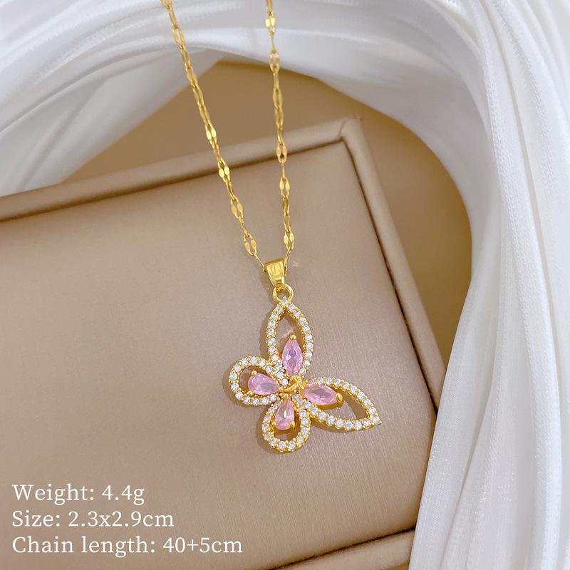 Titanium Steel, Empty Butterfly Zircon Full Diamond Temperament Gorgeous Full Diamond Necklace Female Versatile Collarbone Chain Titanium Steel Chain