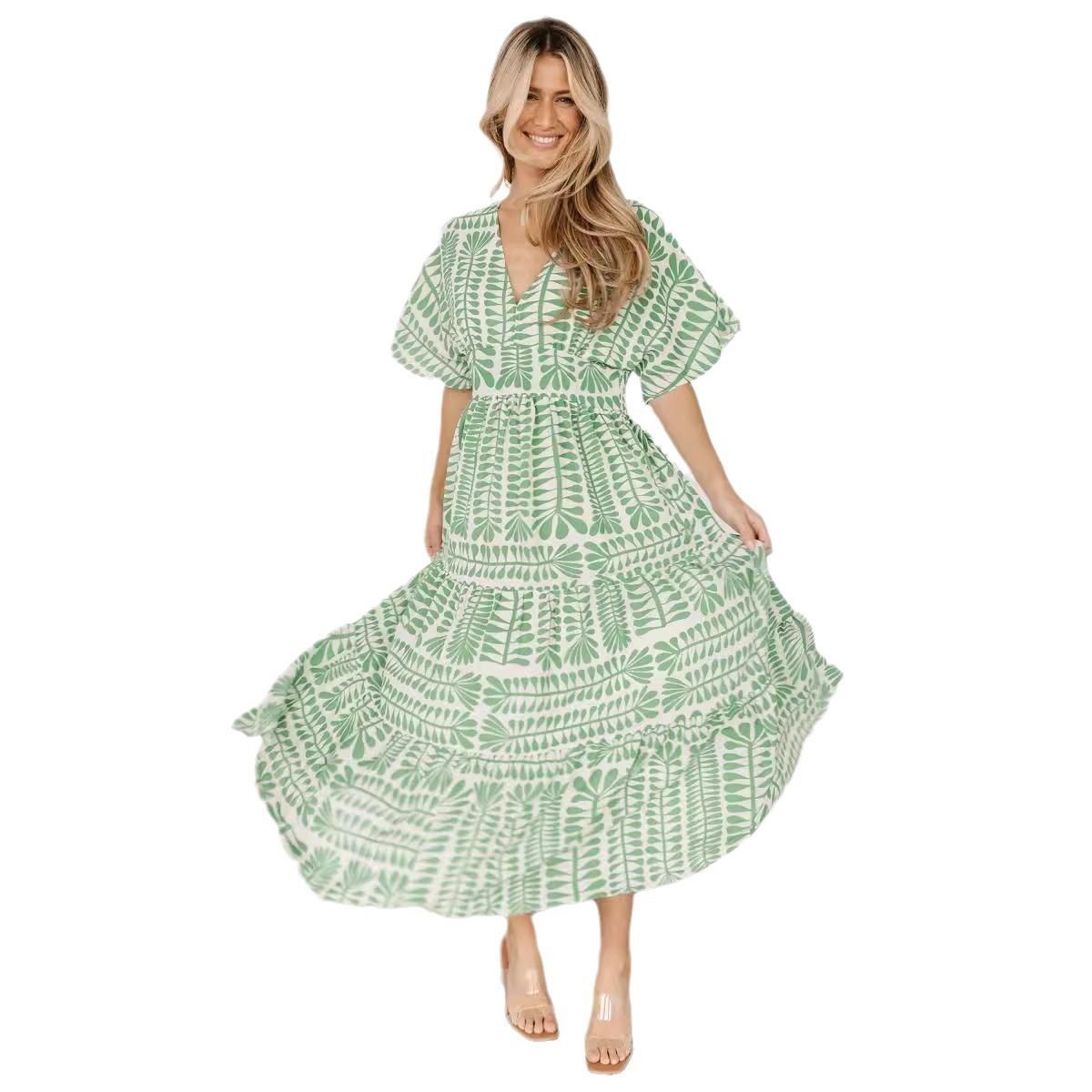 

Женское платье макси с V-образным вырезом, рукавами-буфами и цветочным принтом, со сборкой на талии XXL светло-зеленый