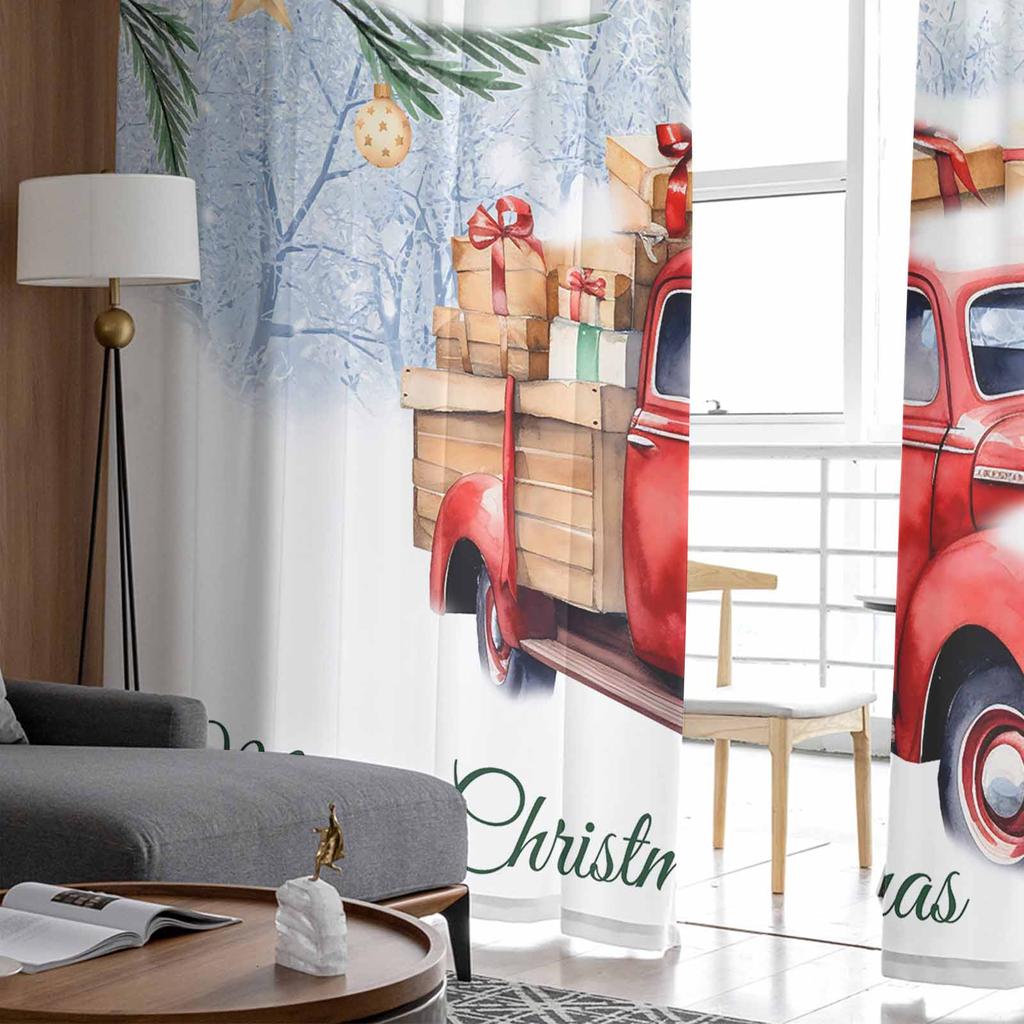 Weihnachtsvorhänge mit rotem LKW, Pflanzen, Schnee, Geschenk, Sternen, transparent, moderner Gazevorhang für Wohnzimmer, Schlafzimmer, Voile-Garnvorhänge