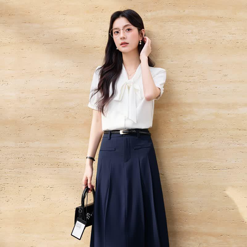 HANMANKE Women s Slim-Fit V-Neck Short Sleeve Blouse with Tie Detail One Size