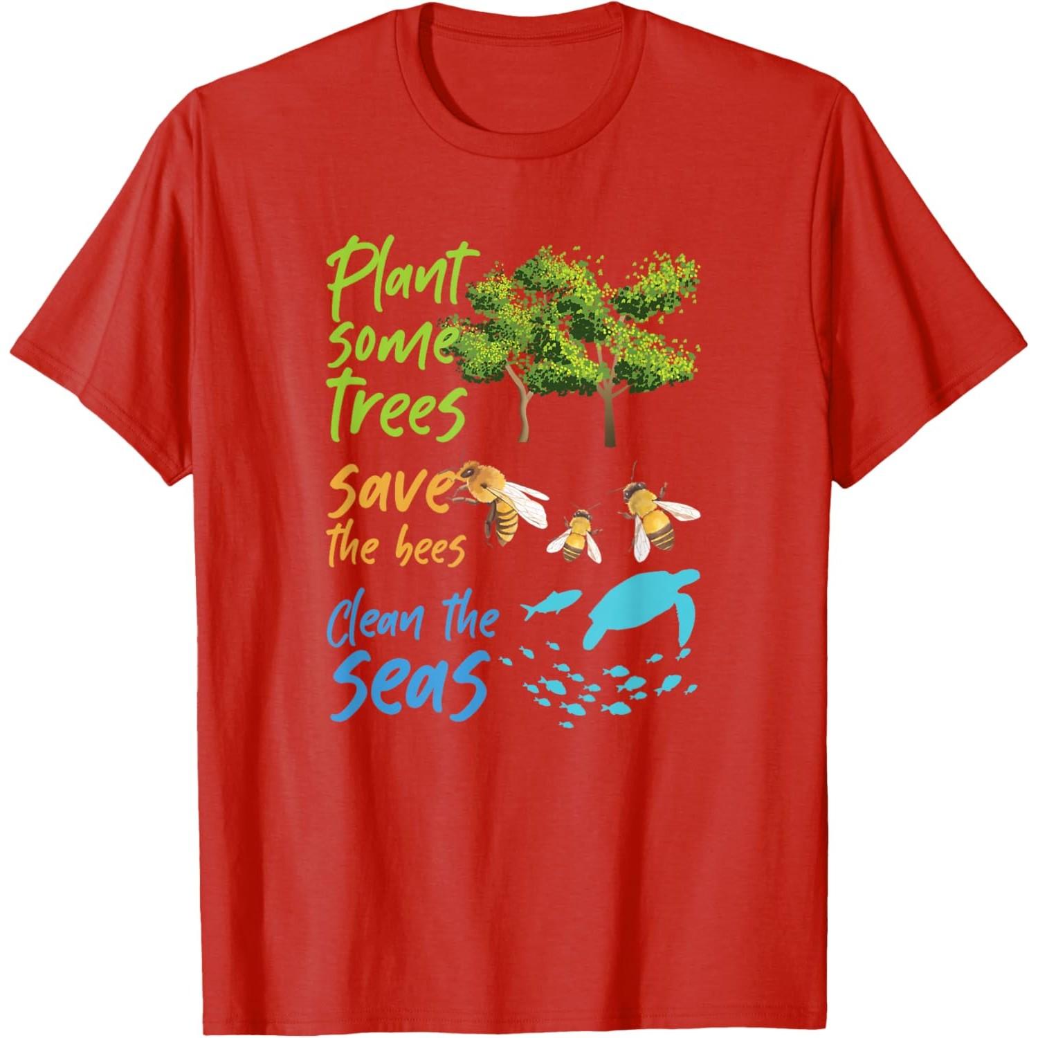 Plant Trees Save Bees Clean Seas Turtle Graphic Cotton T-Shirt Casual Crewneck Tee S