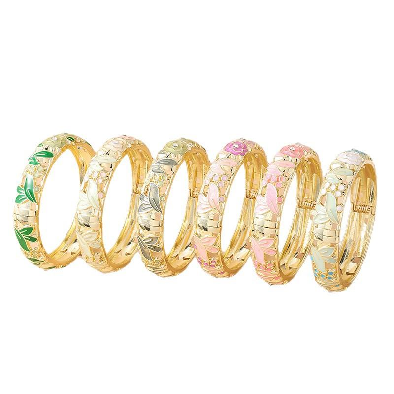 Vintage Colorful Rose Oil Drop Enamel Hollow Wide Cloisonne Bangle Bracelet