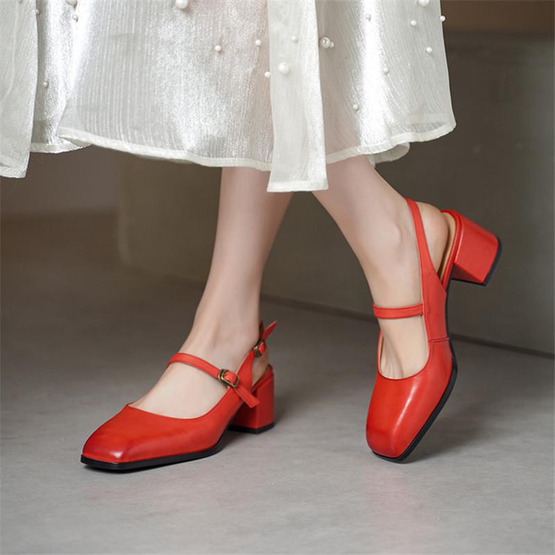 Fashion New Summer Sandals Genuine Leather Sandals for Women Fashion Square Toe High Heels Cover Toe Sandals Ladies Shoes Casual Shoes