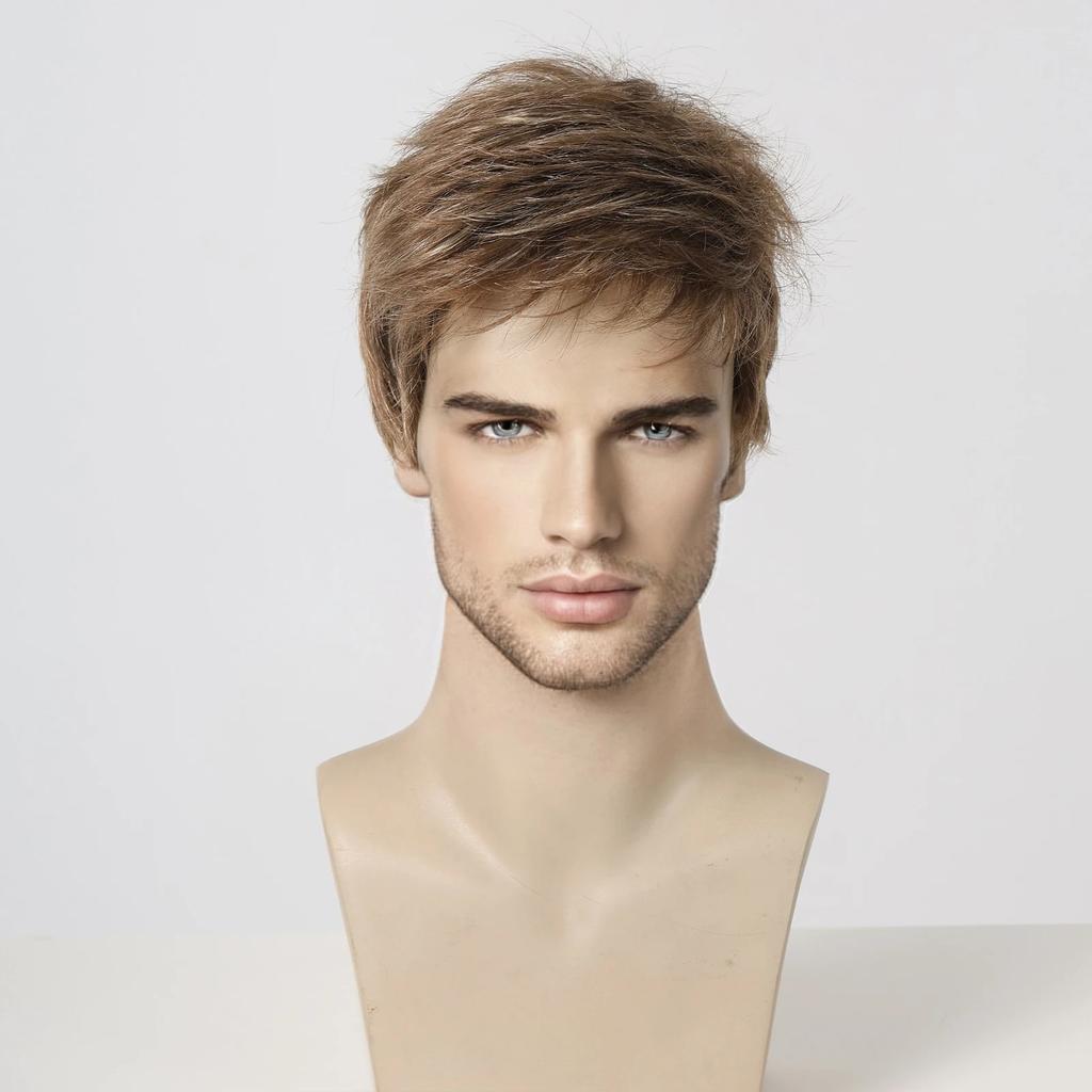 Men Black Synthetic Wig Natural Looking Daily Fake Hair for Male Short Brown Wigs Costume Party Heat Resistant Fiber