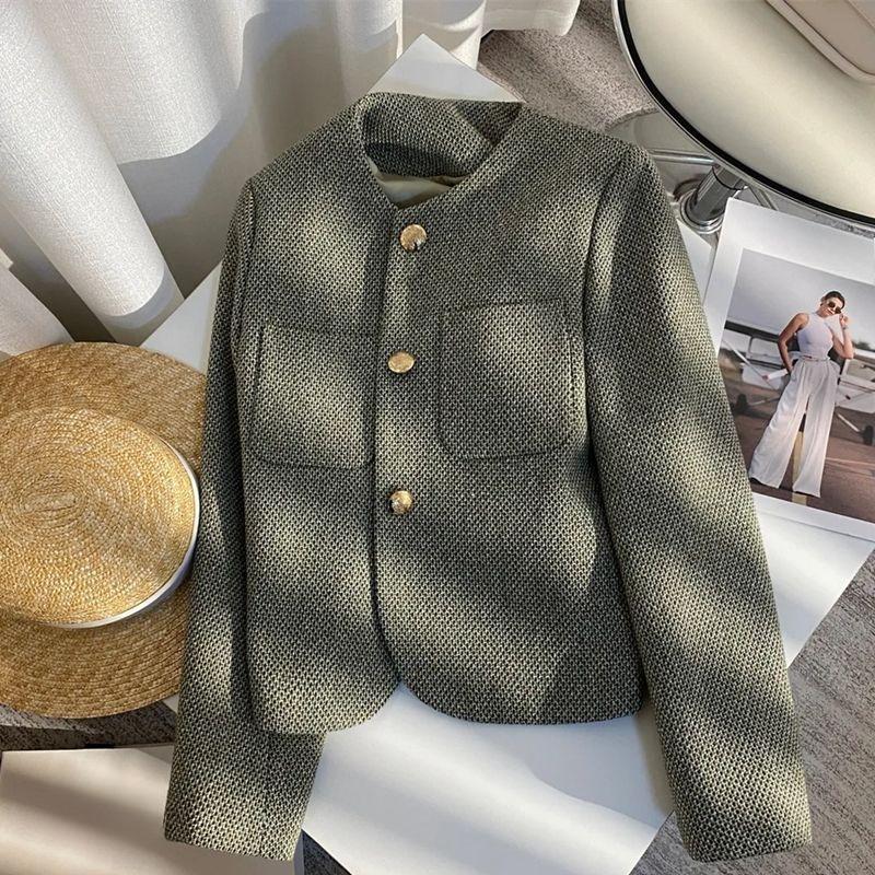 Women Short Tweed Blazer Autumn Casual Minimalist Cold Style Jacket High Sense Coat