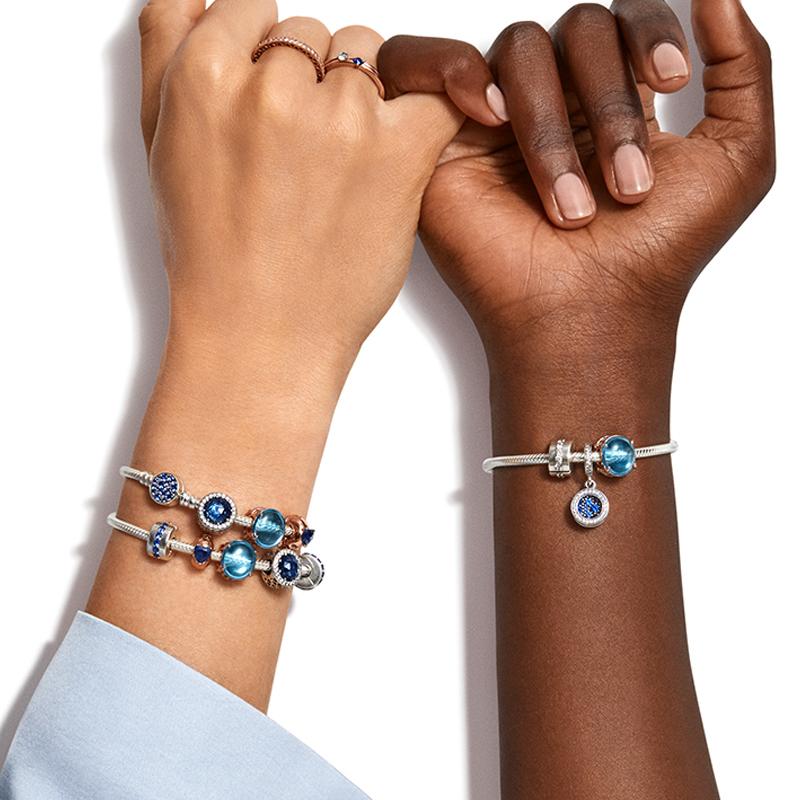 Pandora Shining Blue Button-shaped Buckle Snake Bone Chain 925 Silver Glass Bracelet for Women 599288C01