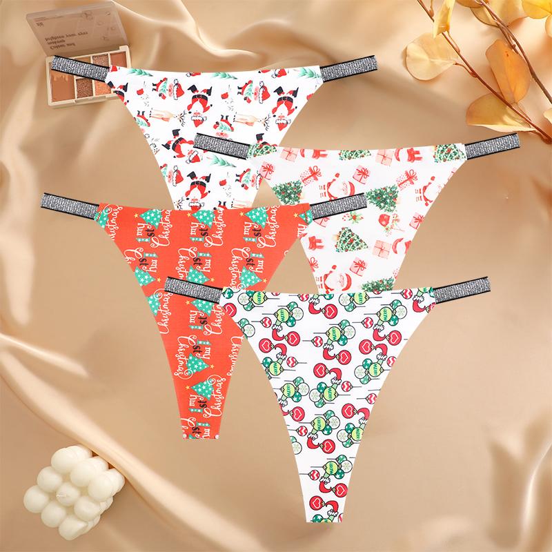 FINETOO 4Pcs Snowflake Santa Claus G-String Sexy Breathable Women's Underwear Low Waist Thong Merry Christmas Panties Diamonds