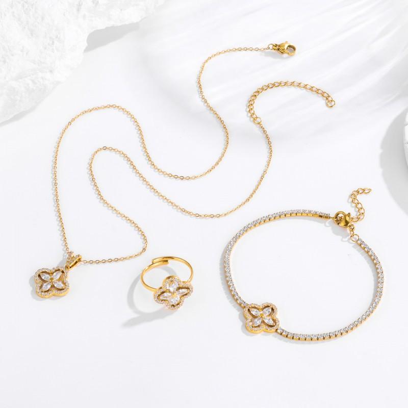 Stainless Steel Four Leaf Clover Jewelry Set Women Elegant Zirconia-Embellished Bracelet Necklace Ring Combo Lightweight