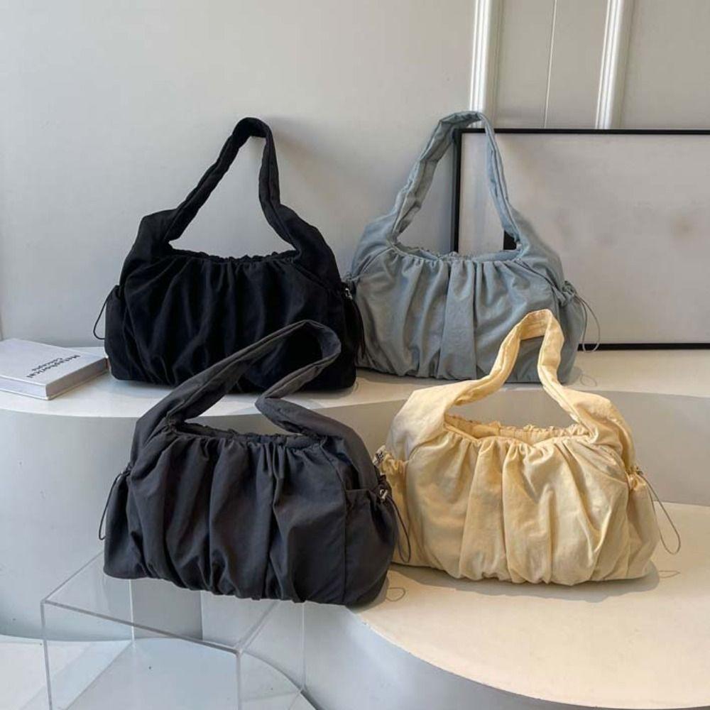 Pleated Canvas Shoulder Bag Drawstring Casual Underarm Bag Simple Cloud Crossbody Bag Women