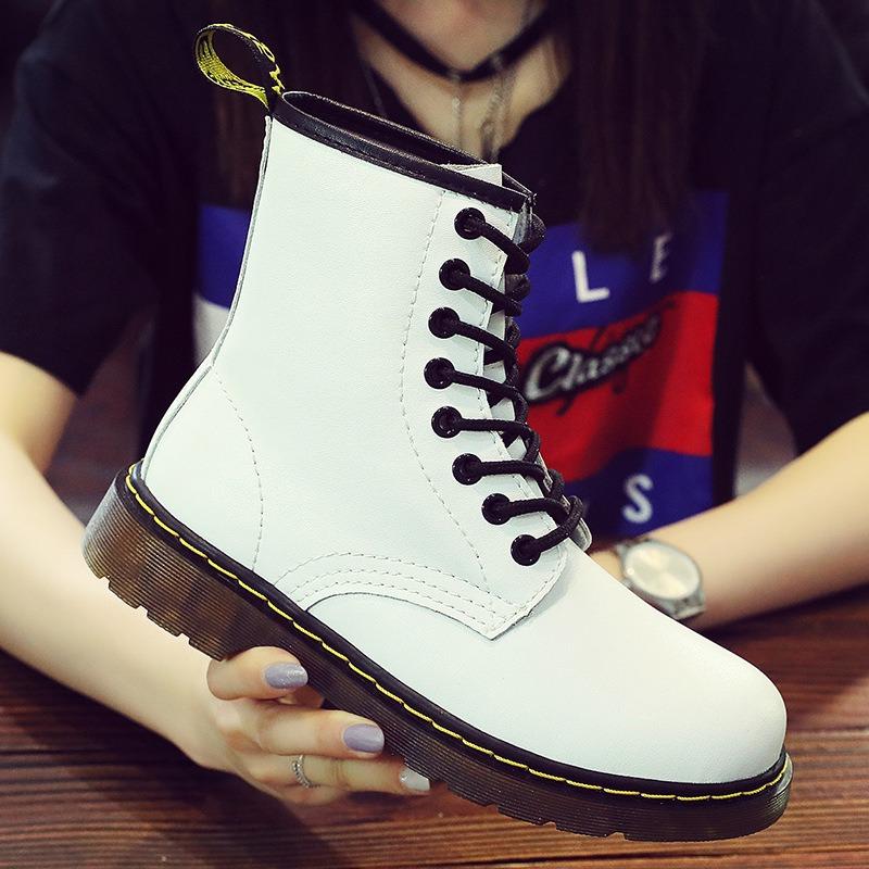 White Martin boots women's couple short boots men's and women's leather boots round head trend motorcycle shoes