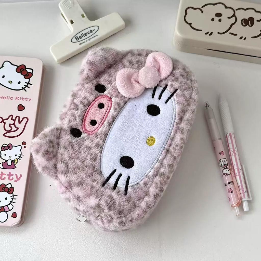 Hello Kitty Plush Pencil Case New Leopard Print Japanese Style Large Capacity Aesthetic Stationery Pouch For Adult Daily Use