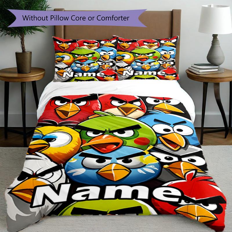 3pcs Duvet Cover Set (1*Duvet Cover + 2*Pillowcase, Without Core), Custom Name Angry Birds Pattern Bedding Set, Home Bedroom Decor Gift
