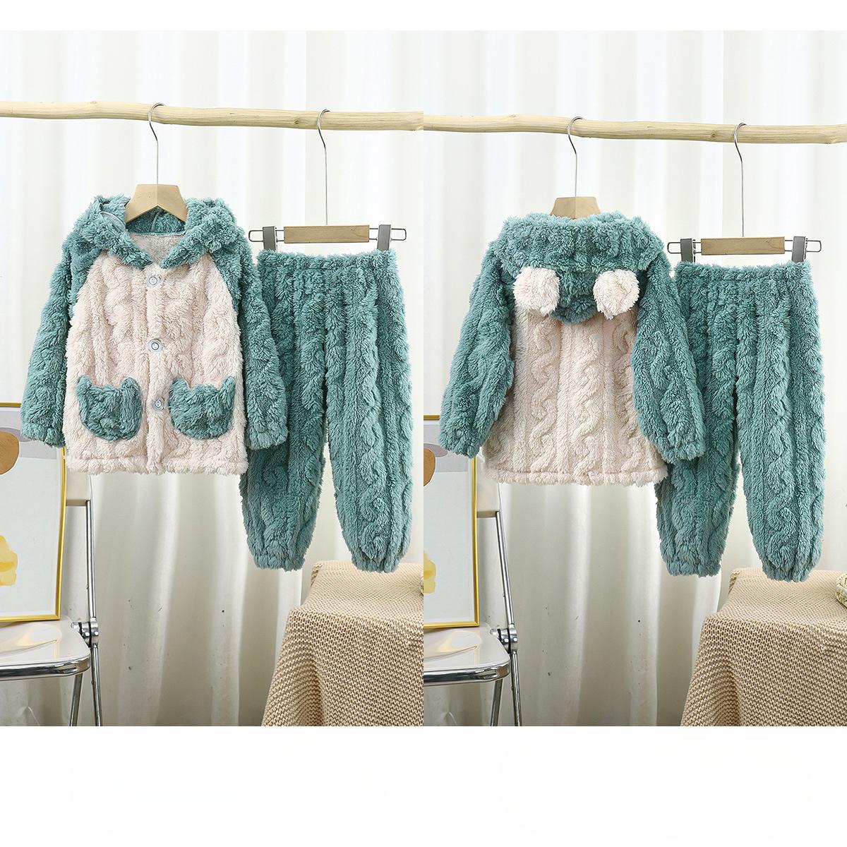 

Фланелевая детская пижама осень-зима утолщенный жаккард с капюшоном длинные рукава брюки большой детский мультфильм домашний сервис с карманами 90 зелёный