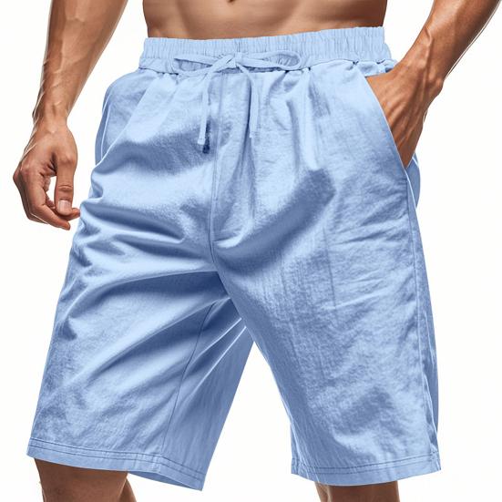 Men Summer Beach Shorts with Pockets Drawstring Elastic Waist Solid Color Versatile Casual Shorts for Daily Wear