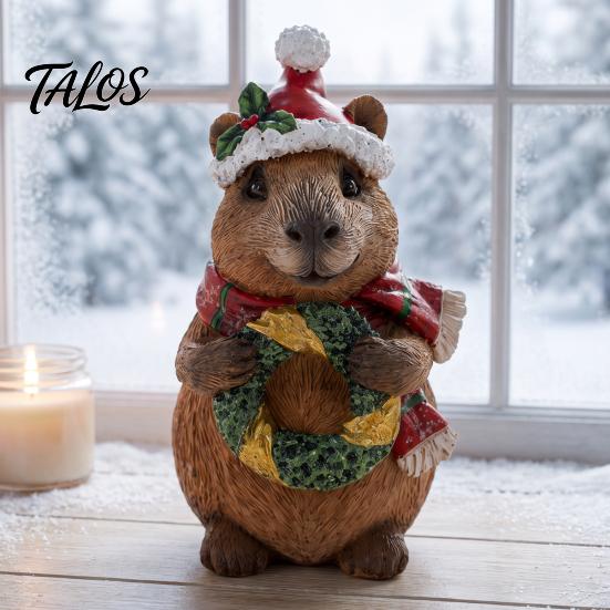 Cozy Interior Decor Pieces Christmas Capybara Resin Figurine, Statue with Santa Hat Scarf Wreath, Miniature Figures for Display Cute Tabletop Ornament