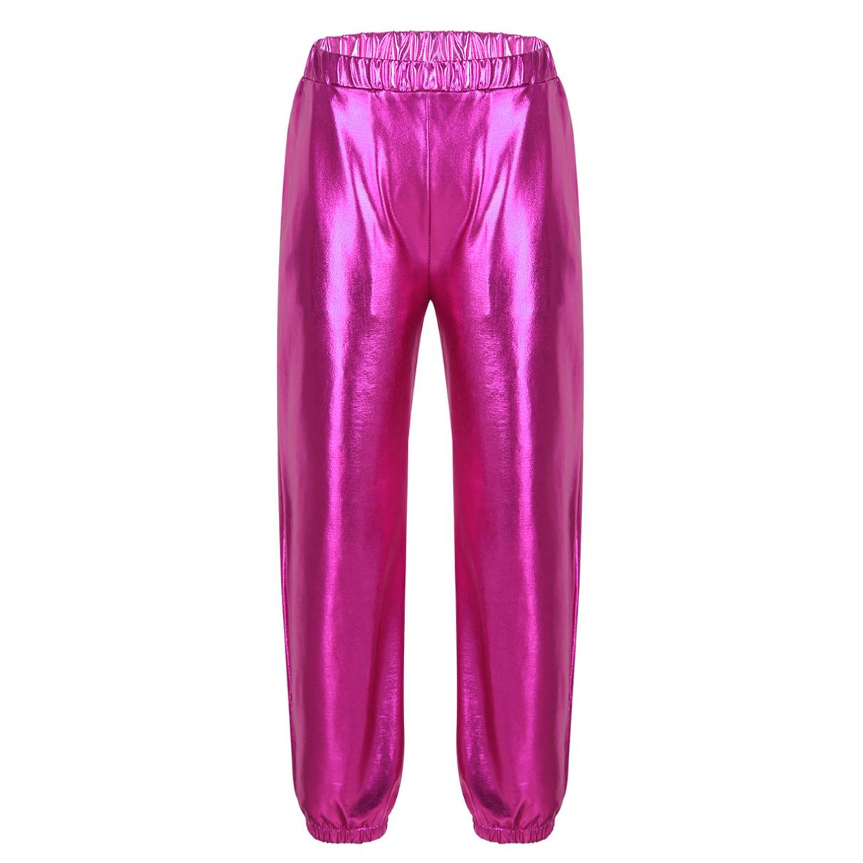 

Дитячі глянцеві металеві гаремні вільні танцювальні штани Сучасний хіп-хоп вуличний танцювальний одяг Спортивні штани 5-6 Years Яскраво-рожевий