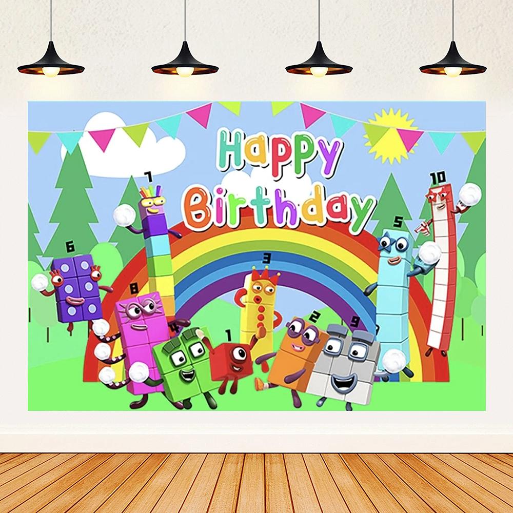 Cartoon Blocked Number Theme Birthday Party Decoration Building Background Plate Cup Balloon Backdrop Photography Prop Kid Gifts