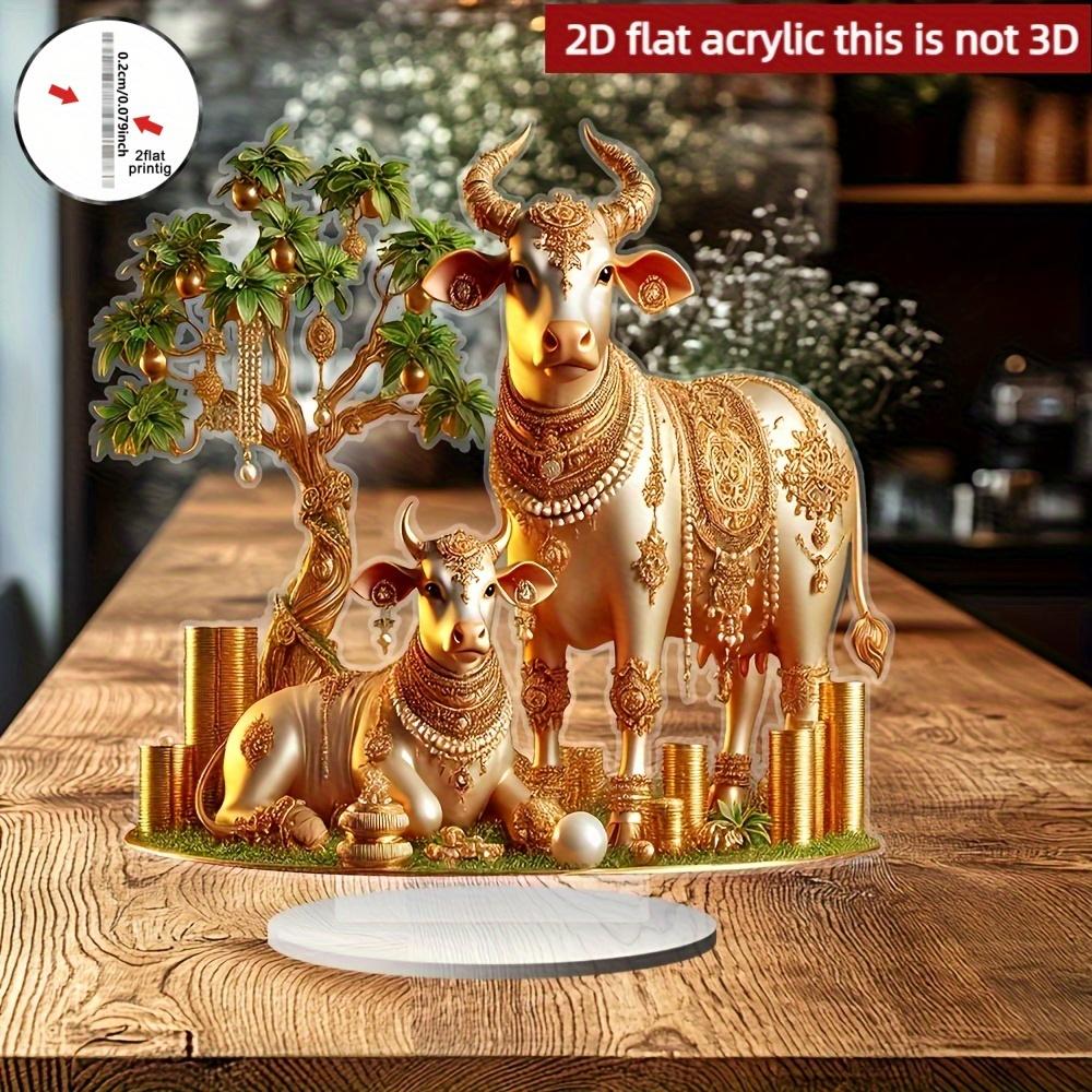 2D Flat Acrylic Statue, Boho Style Cow & Calf With Stand, Tabletop Decor For Home Office Cafe, Unique Animal Collectible