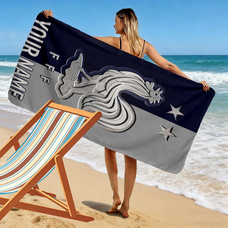 Custom Name Rooster France Print Beach Towel, Large Soft Quick Dry Towel for Beach Camping Swimming