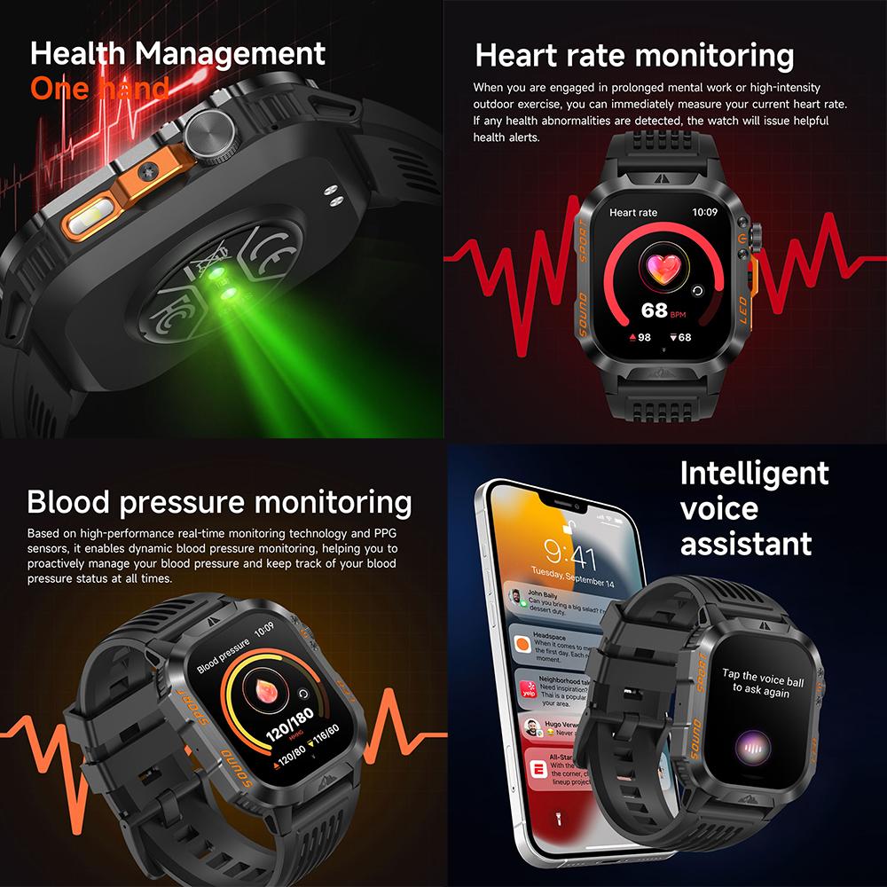 1200mAh Military Outdoor Smartwatch Men LED Flashlight Waterproof GPS Track Sports Watch 2.01-inch BT Call Smart Watch HT30