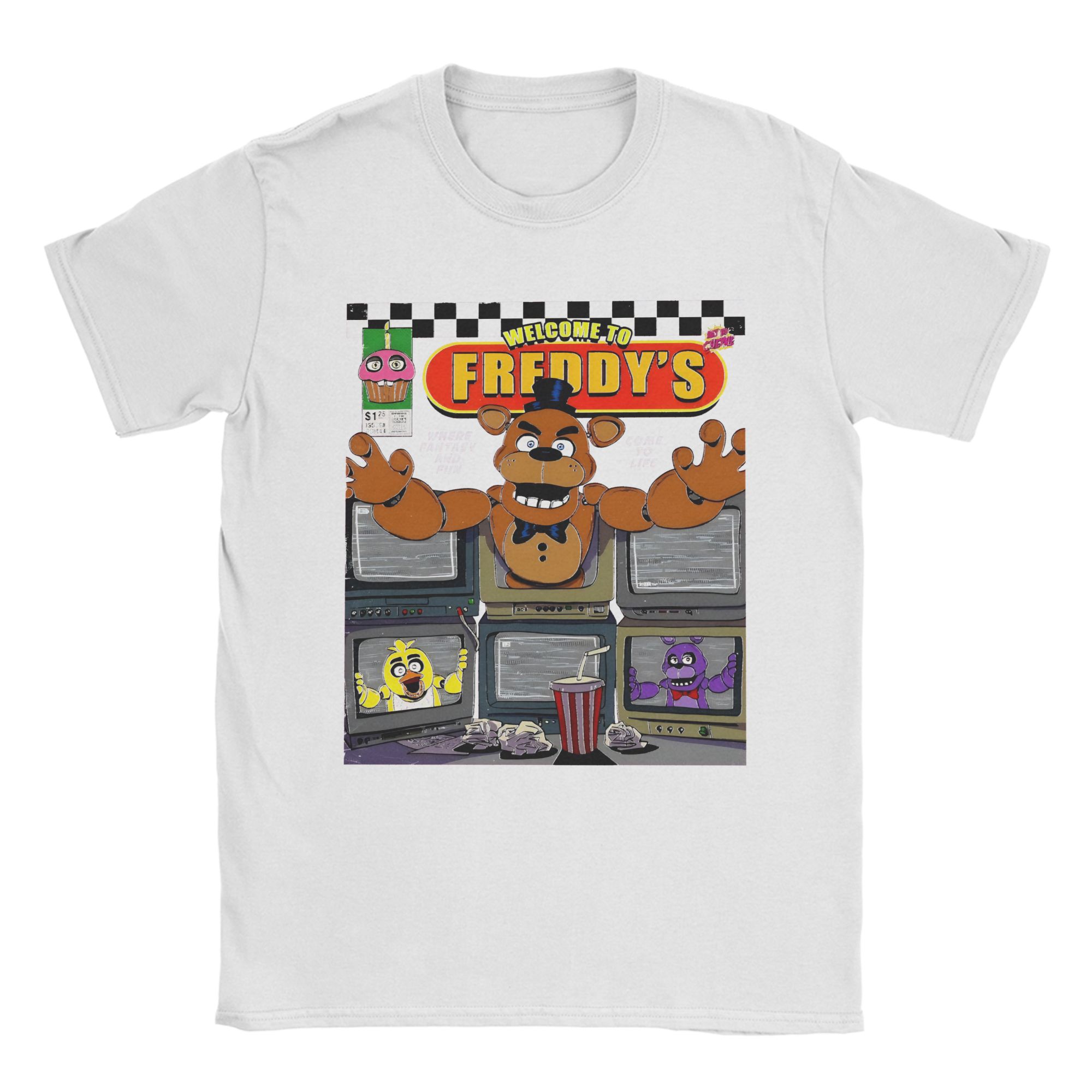 Добро пожаловать в Мужскую Ретро Футболку с Круглым Вырезом FNAF At Freddys Летняя Мода Дышащая Качественная Удобная Из Чистого Хлопка M